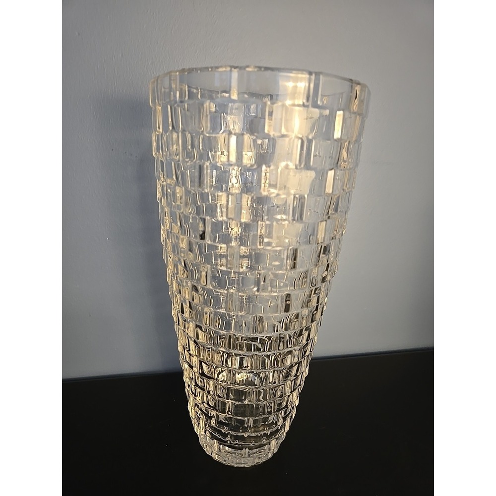 MIKASA PALAZZO 12" Crystal Lead CUBIST Brick Pattern Clear Vase Basketweave